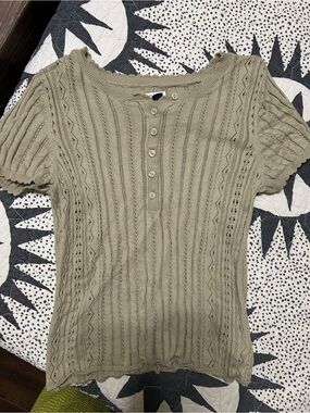 American Eagle Outfitters Olive Ribbed Button-Front Short Sleeve Top